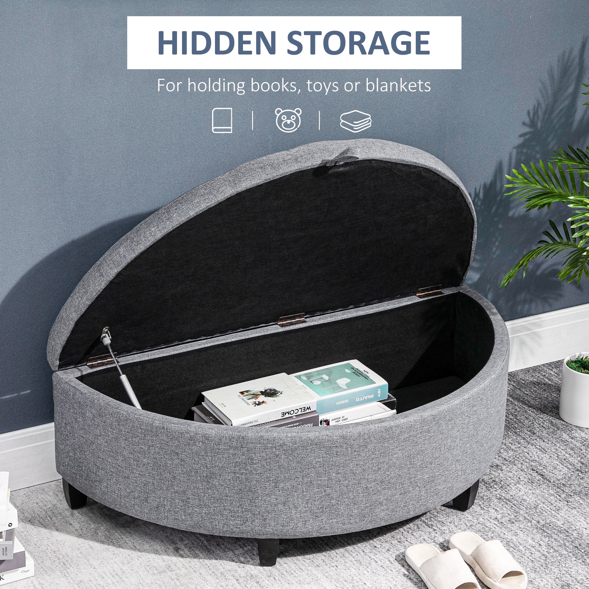 HOMCOM Half Moon Storage Ottoman, Upholstered End of Bed Bench with Lift Lid and Wood Legs, Button Tufted Storage Bench for Living Room, Entryway or Bedroom, Gray