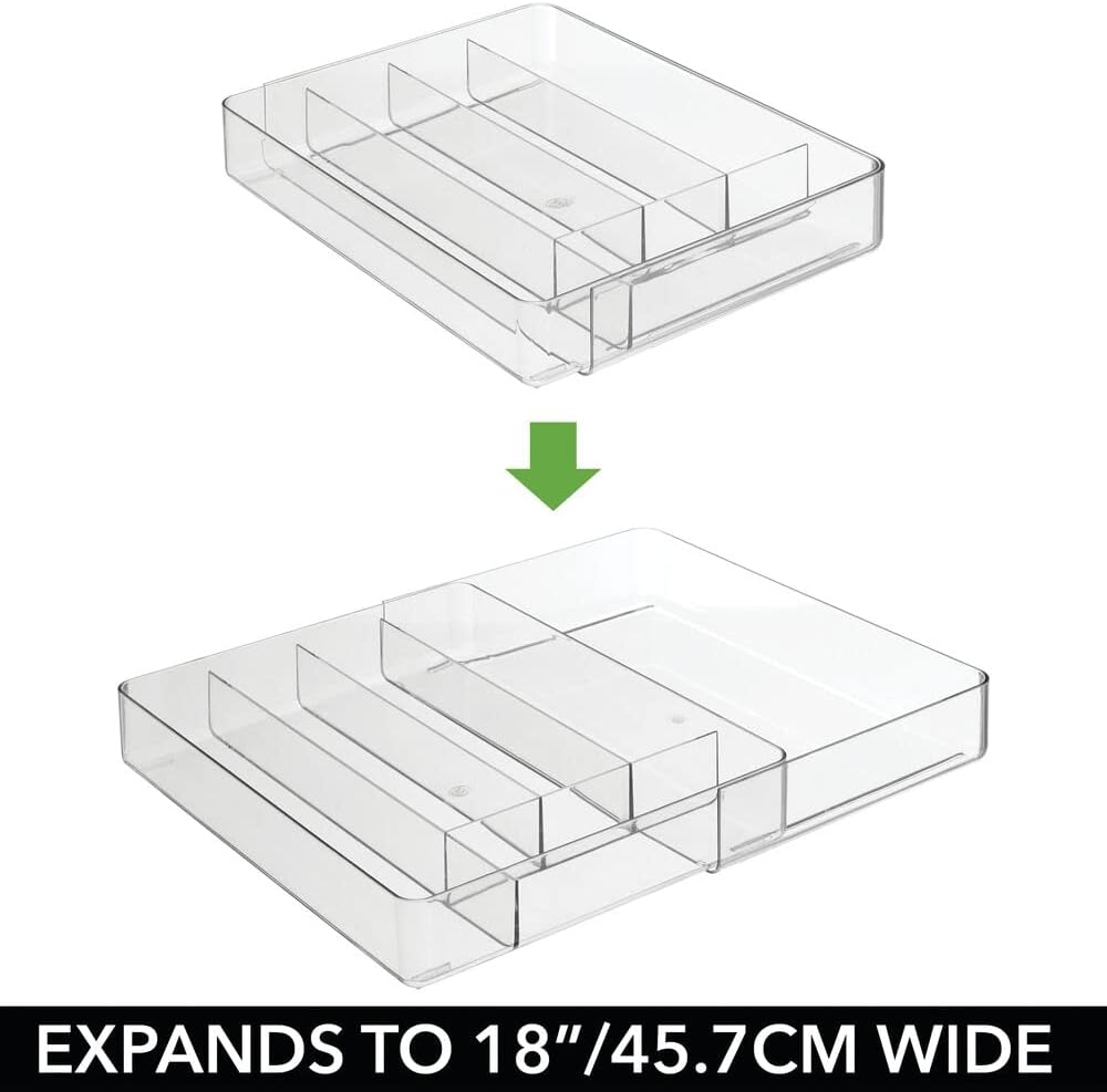 mDesign Adjustable, Expandable Plastic Kitchen Cabinet Drawer Storage Organizer Tray - for Storing Organizing Cutlery, Spoons, Cooking Utensils, Gadgets - Clear
