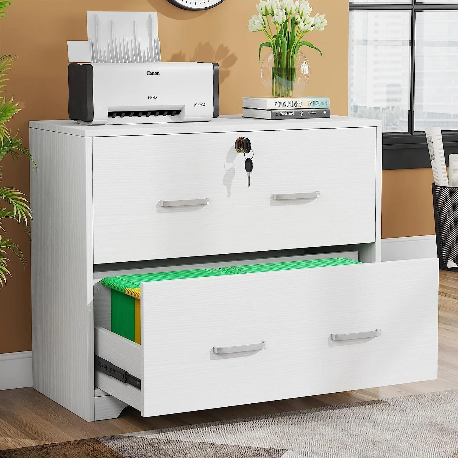 2-Drawer Lateral File Cabinet with Lock, Large Wood Filing Cabinet White