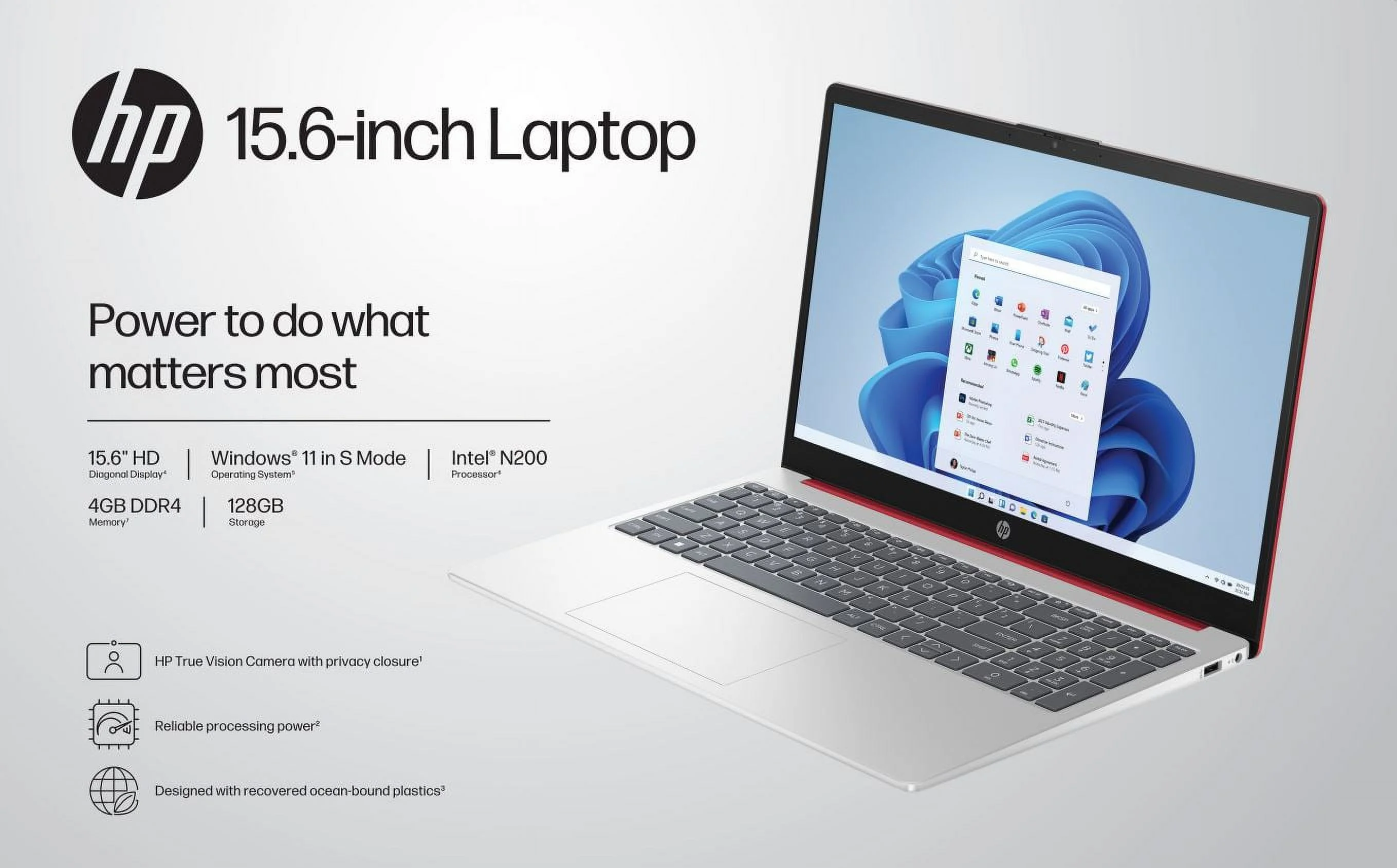 HP 15.6", Laptop Intel Pentium Processor 4GB RAM, 128GB UFS, Scarlet Red, Windows 11, 15-fd0083wm