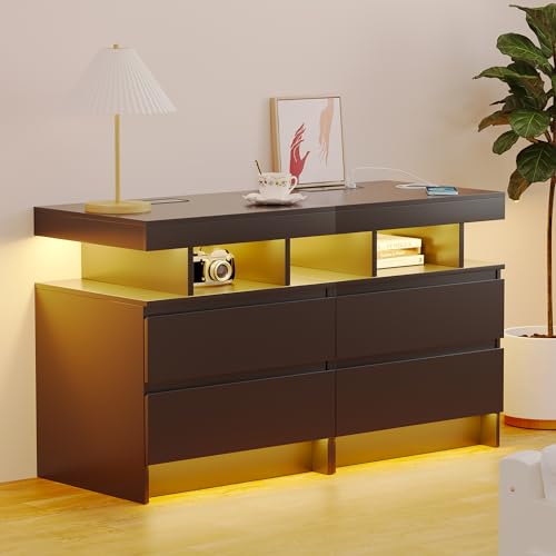 dnbss Nightstand with Wired/Wireless Charging Station, Auto LED Lighting Bedside Tables with Drawers, Night Stand with 3-Color Lights & Adjustable Brightness for Bedroom (Black)