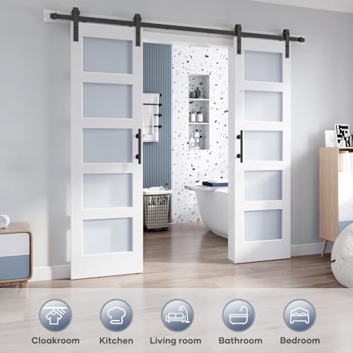 36x84 Inch Glass Sliding Barn Door Slab and 6.6ft Hardware Kit Included, 5 Frosted Glass, LVL Wood Panel Covered with White Water-Proof Scratch-Proof PVC Surface, Simple DIY Assembly