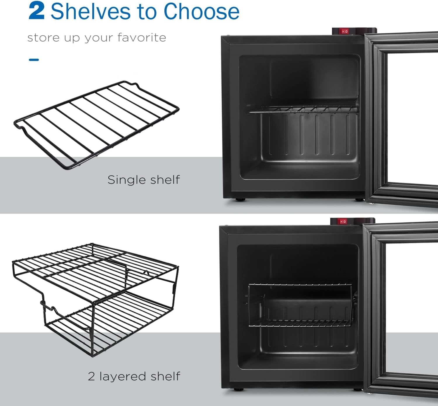ADT Mini Freezer with Display Glass Door 1.1 Cu Ft Small Freezer with 2 Removable Shelves 7 Temperature Settings -8°F to 14°F Perfect for Liquor and Ice Cream