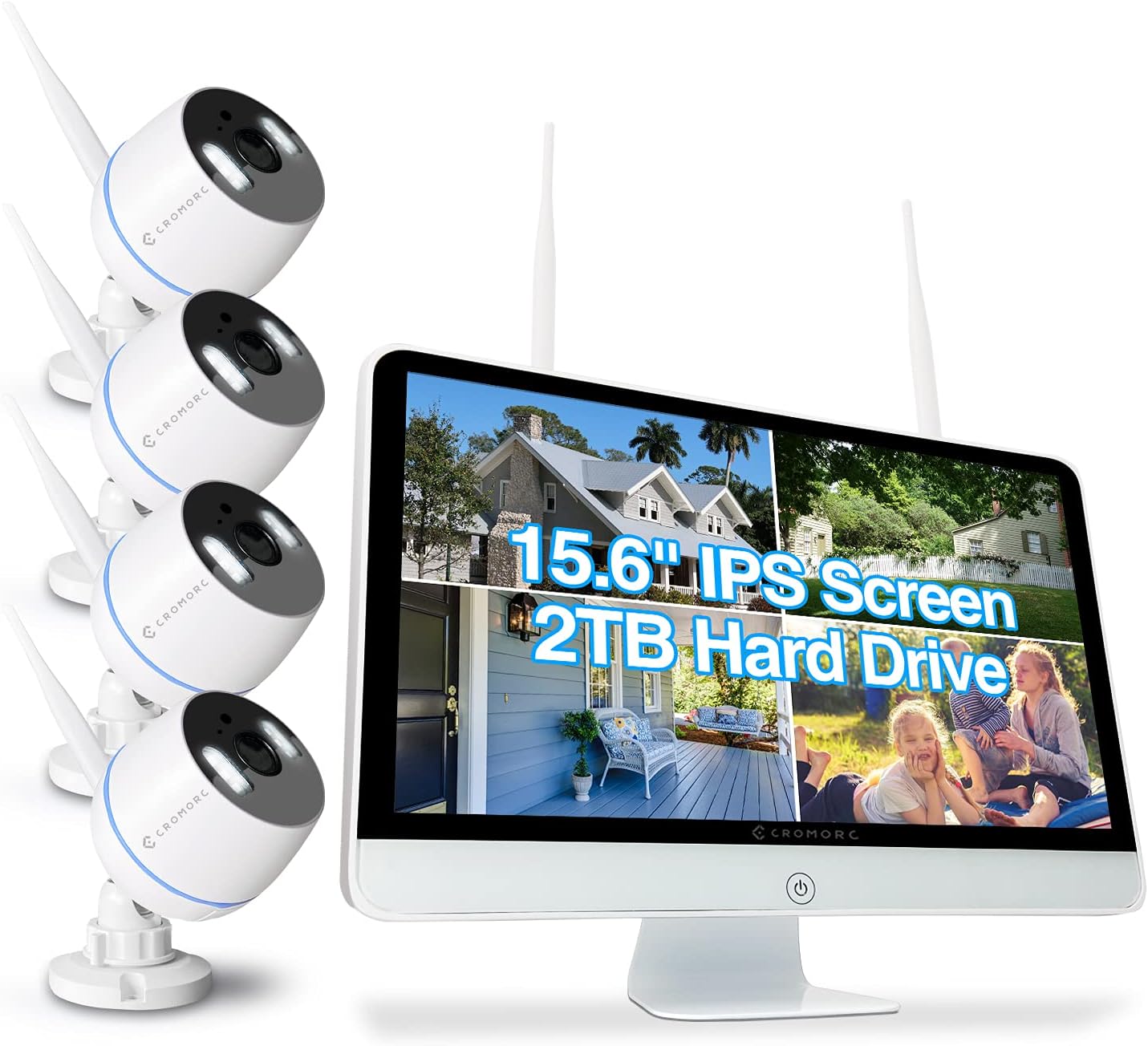 Cromorc All-in-one Wireless Security Camera System with 15.6 IPS Monitor, AI Human Detection, Floodlight,Siren Alarm, 2-Way Audio,4PCS 3MP Camera,Expandable 8CH NVR,Home Business Surveillance,2TB HDD