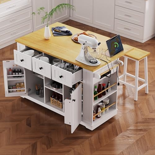 53" Rolling Large Kitchen Island Set with Power Outlet,Mobile Carts with Storage Cabinet,Extra Drop Leaf,3 Drawers and 5 Open Side Racks,Wood Table for Dining Room (Island & Stools)