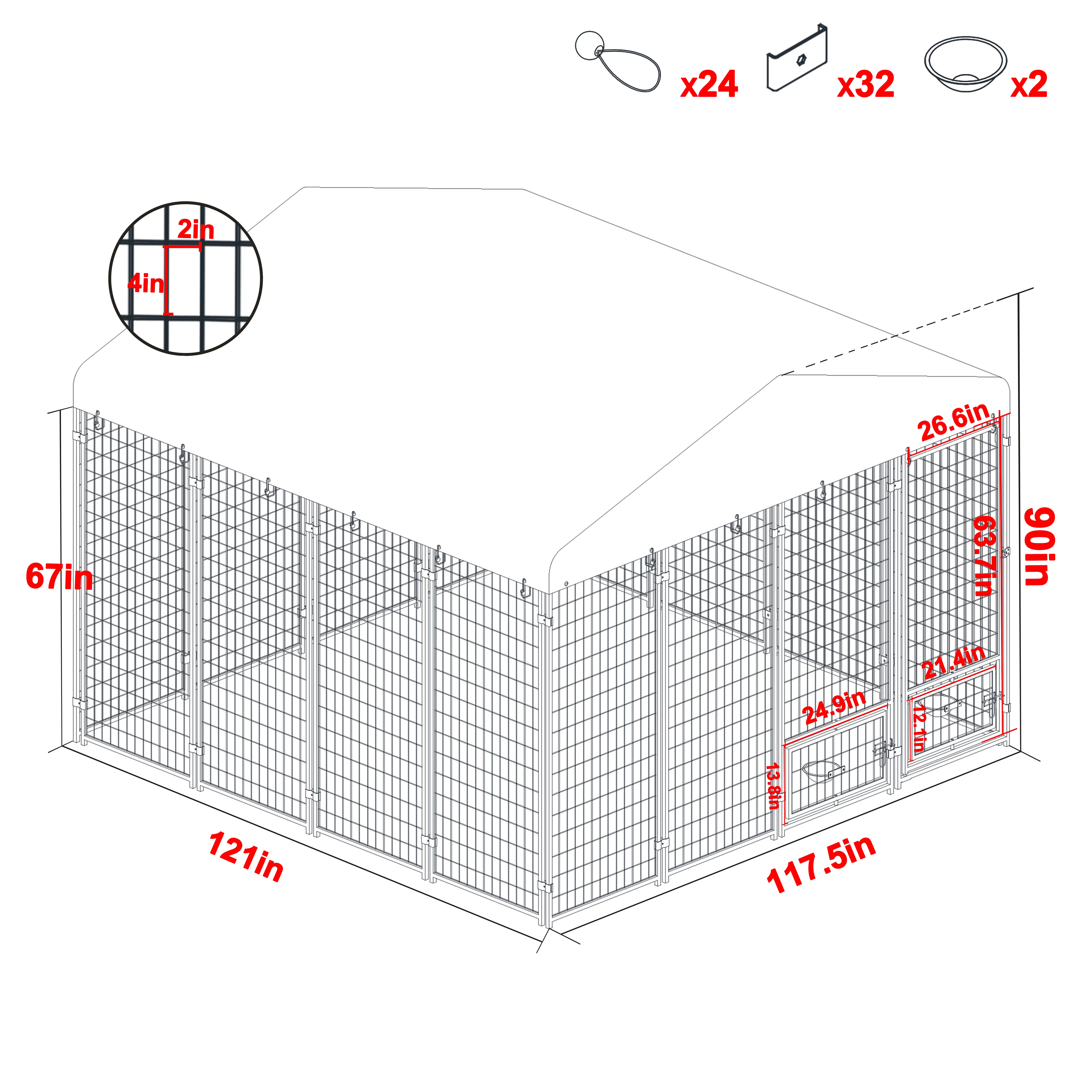 VEIKOUS 10x10 ft Outdoor Large Dog Kennel w/ Waterproof Canopy & 2 Bowls, Oversized Dog Crates for Yard, Lawn, Gray