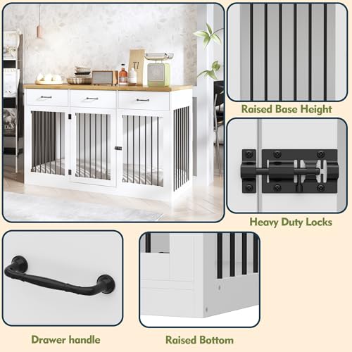 Extra Large Dog Crate Furniture with 3 Drawers, Indoor Heavy Duty Dog Kennel House, 55.3" Furniture Style Dog Crate Side End Table TV Stand for XL Large Medium Breed Dogs, White