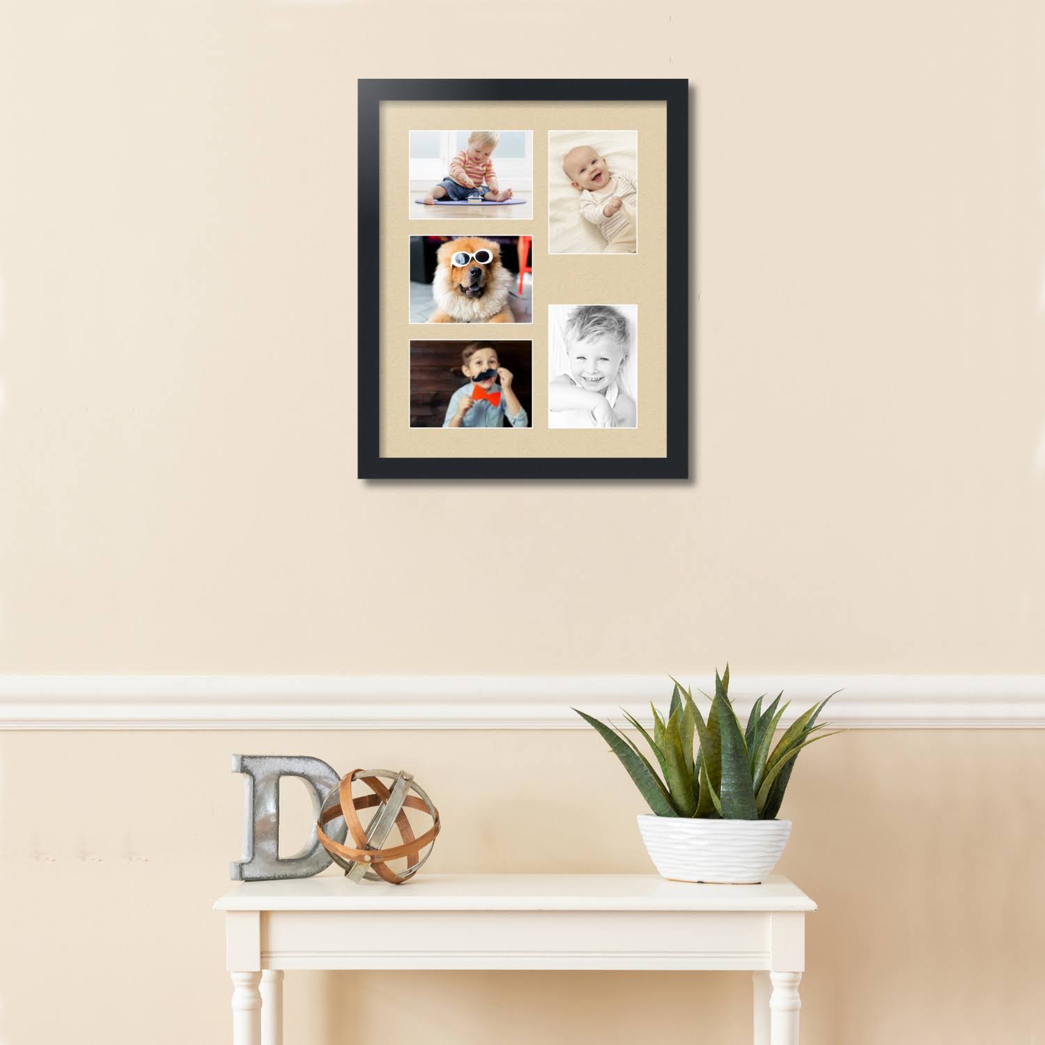 Collage Picture Frame, Satin Black Frame with 5 openings for 5x7 Photos with Grey Seaside Mat. D3926GH257 , ArtToFrames