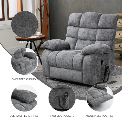 Oversized Lift Recliner Chair - Lay Flat Massage Recliner Chair with Heat & Massage Function, Dual Motor Infinite Position Up to 350 LBS Heavy Duty Electric Power Lift Recliners with Remote (Grey)
