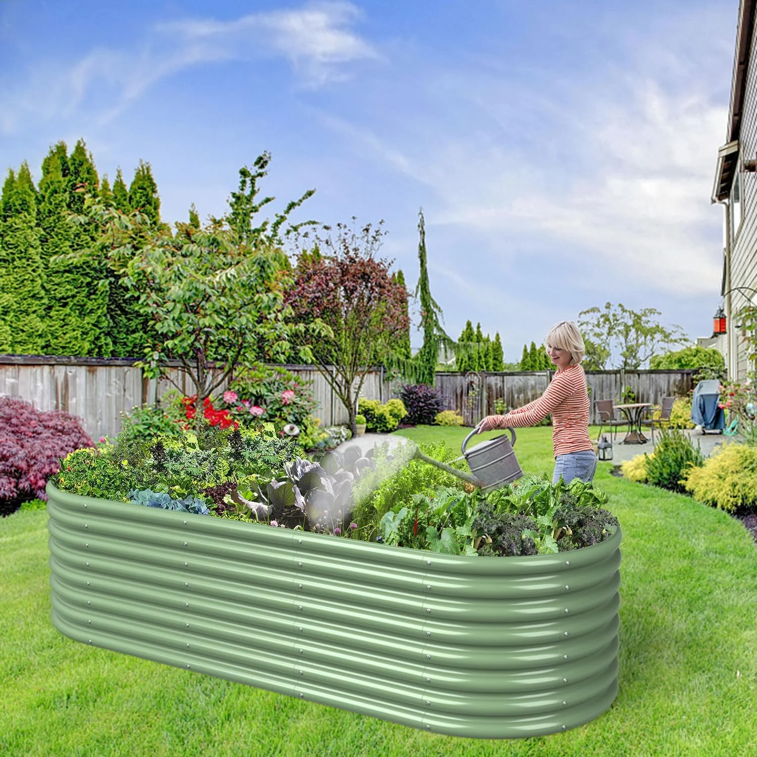 OGKBIR 8x3x2FT Galvanized Metal Raised Garden Bed for Vegetables, Outdoor Garden Raised Planter Box, Backyard Patio Planter Raised Beds for Flowers, Herbs, Fruits (Light Green)