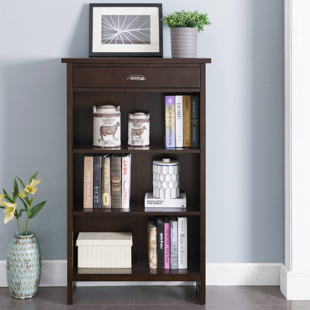 Leick Home 81262 Mantel Height 3 Shelf Bookcase with Drawer Storage, Chocolate Oak
