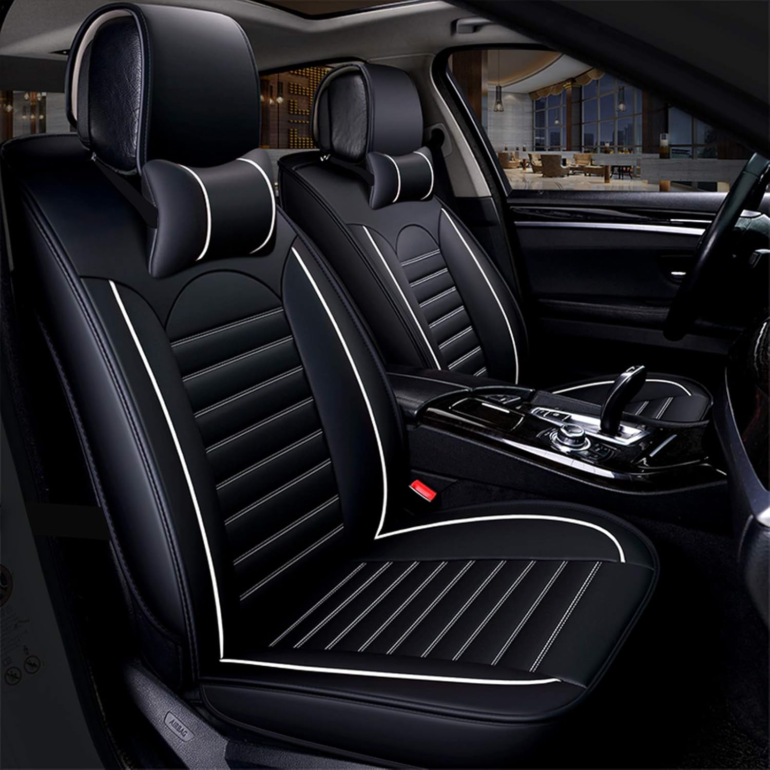 FREESOO Car Seat Cover Leather, Car Seat Covers Full Set Front Rear Automotive Waterproof Universal for 5 Seats Vehicle Year Round Use (Black White 2)