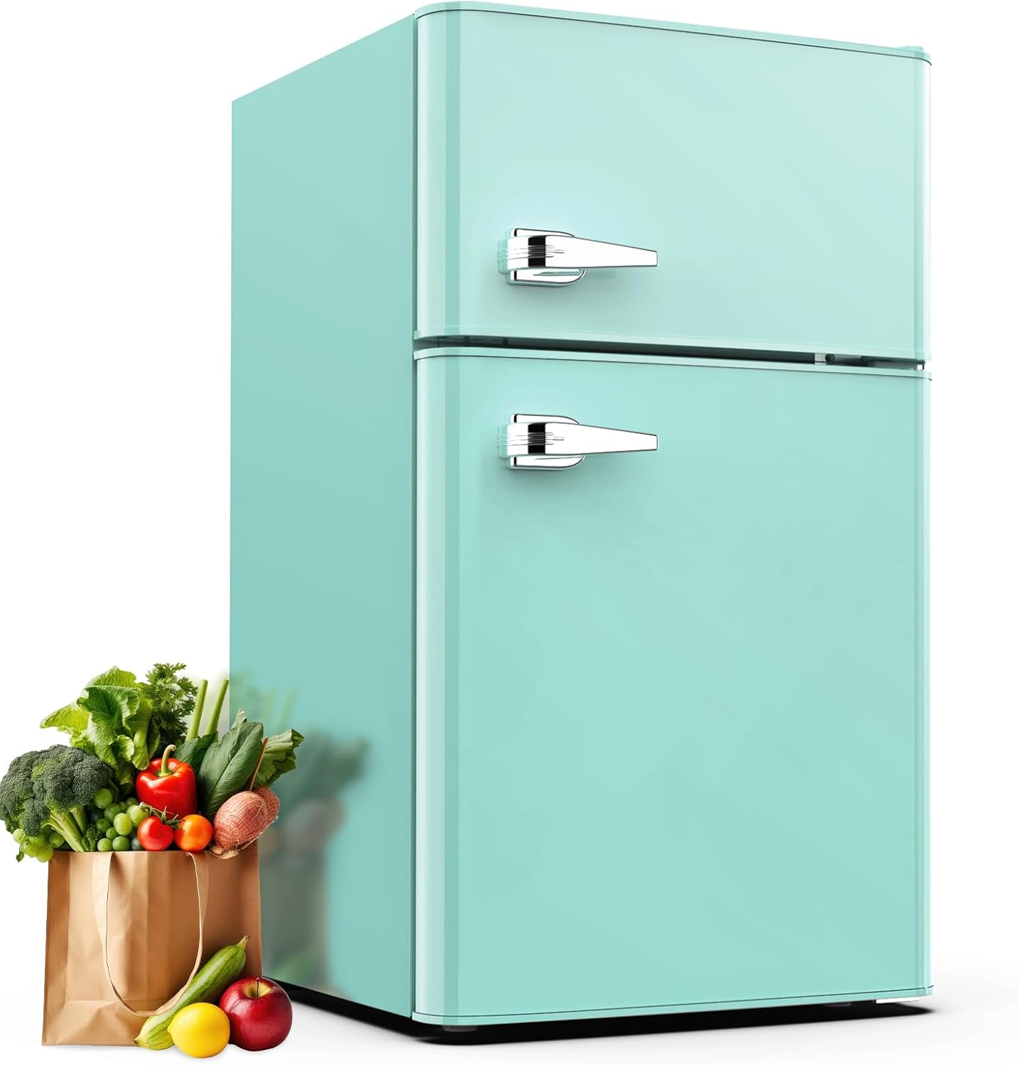 COWSAR Compact Refrigerator, 3.2 Cu Ft, Mini Refrigerator with Freezer, Double Door, 7 Temperature Settings, Low Noise, Suitable for Dorm/Apartment/Office/Kitchen, Green