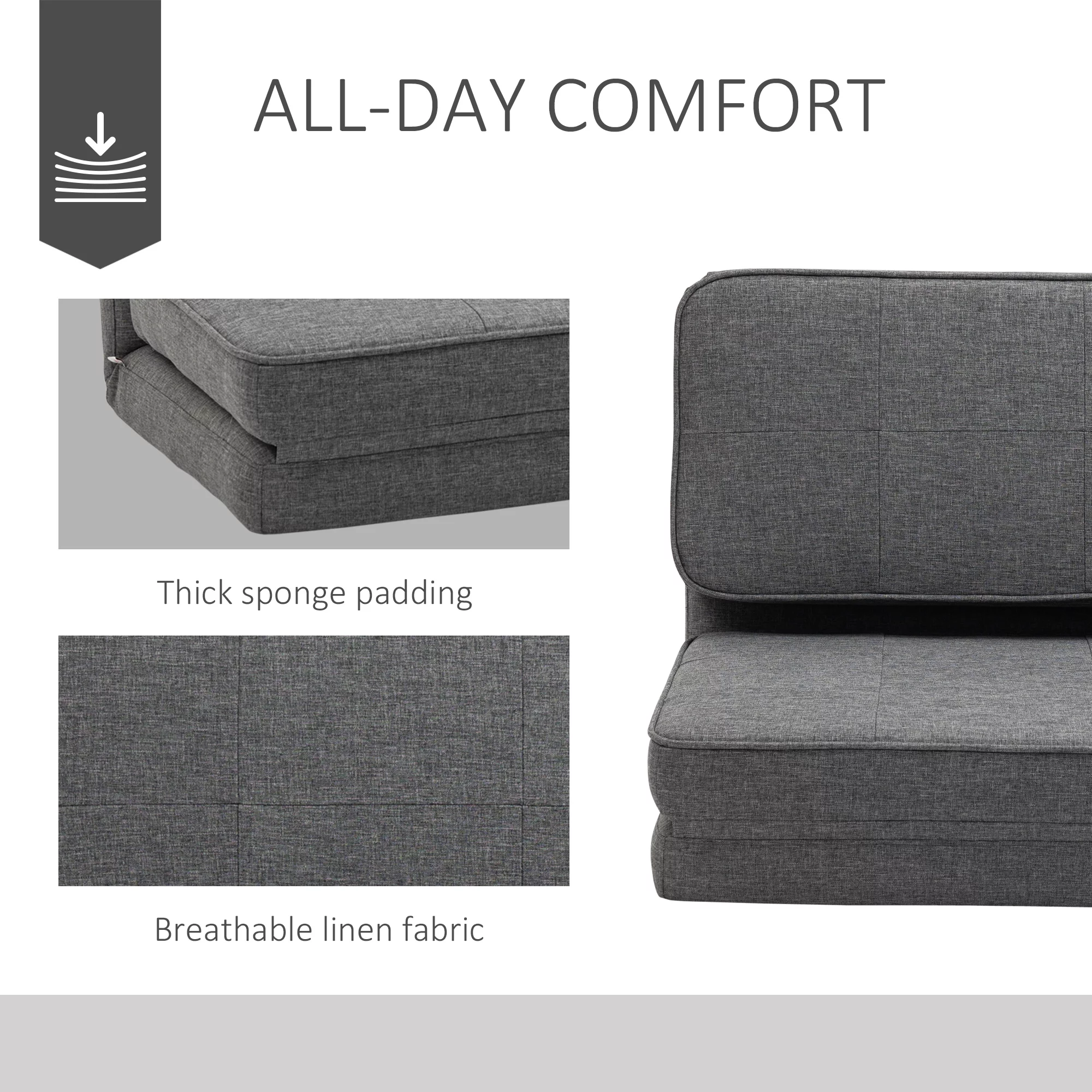 HOMCOM Convertible Flip Chair, Folding Upholstered Floor Sofa, Adjustable Guest Chaise Lounge, Dorm Bed with Metal Frame for Living Room and Bedroom, Dark Grey