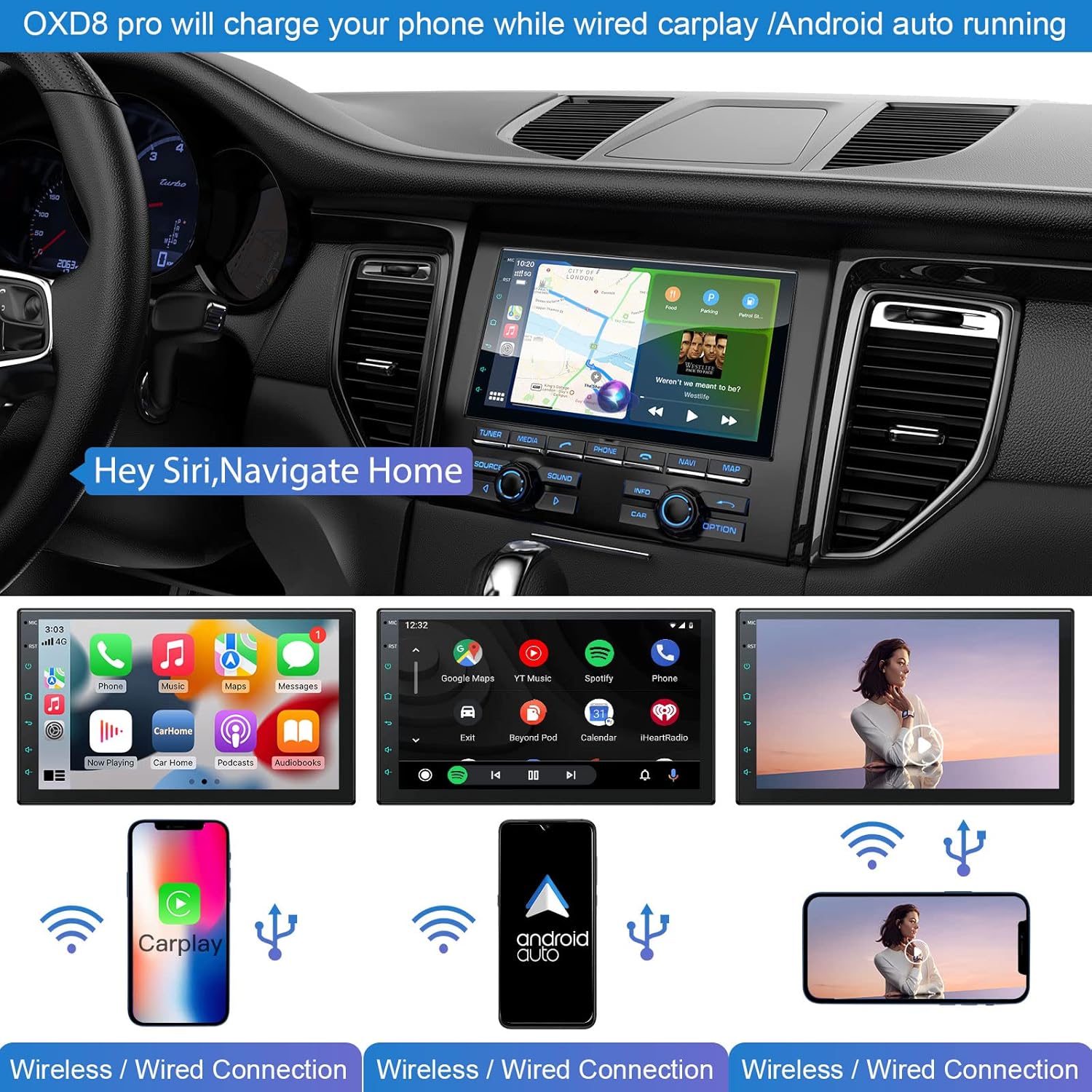 Double din Car Stereo Built in Wi-Fi for Wireless CarPlay Android Auto Mirror Link, 10.1 IPS Touchscreen Car Radio, Head Unit Support Bluetooth 5.0 AHD Backup Camera USB RDS Mic SWC AOLVO OXf8