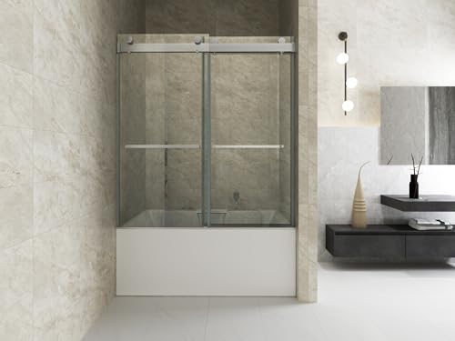 56-60in.W x 65in.H, Frameless Sliding Tub Door, with Clear Tampered Glass, Double Smooth Gliding Open and Close, Soft Closing, Reversible Installation, Brushed Nickel