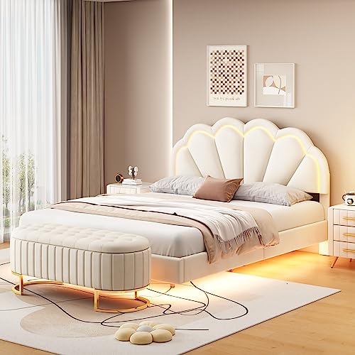 SOFTSEA 2-Pieces Full Bedroom Sets, 2 Pieces Furniture Bedroom Sets Include Full Size Upholstered LED Platform Bed and Storage Ottoman-Velvet, Beige