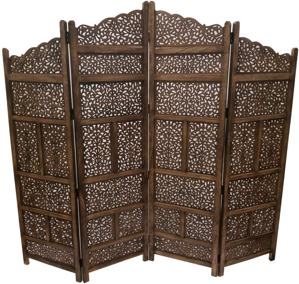 Benjara BM01875 Hand Carved Foldable 4-Panel Wooden Partition Screen/Room Divider, Brown