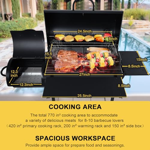 Charcoal Grill Offset Smoker（Grill + BBQ Tools）, Joyfair Large Barrel Grill with 770Sq.In. Cooking Space for 8-10 People Cooking, Heavy Gauge Steel & & Basic Accessories, Adjustable charcoal tray