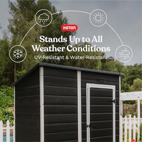 Keter Essential Shed 4x6 Resin Outdoor Storage Shed Ideal Storage for Patio Furniture, Garden Tools Bike Accessories, Beach Chairs and Lawn Mower, Black and White
