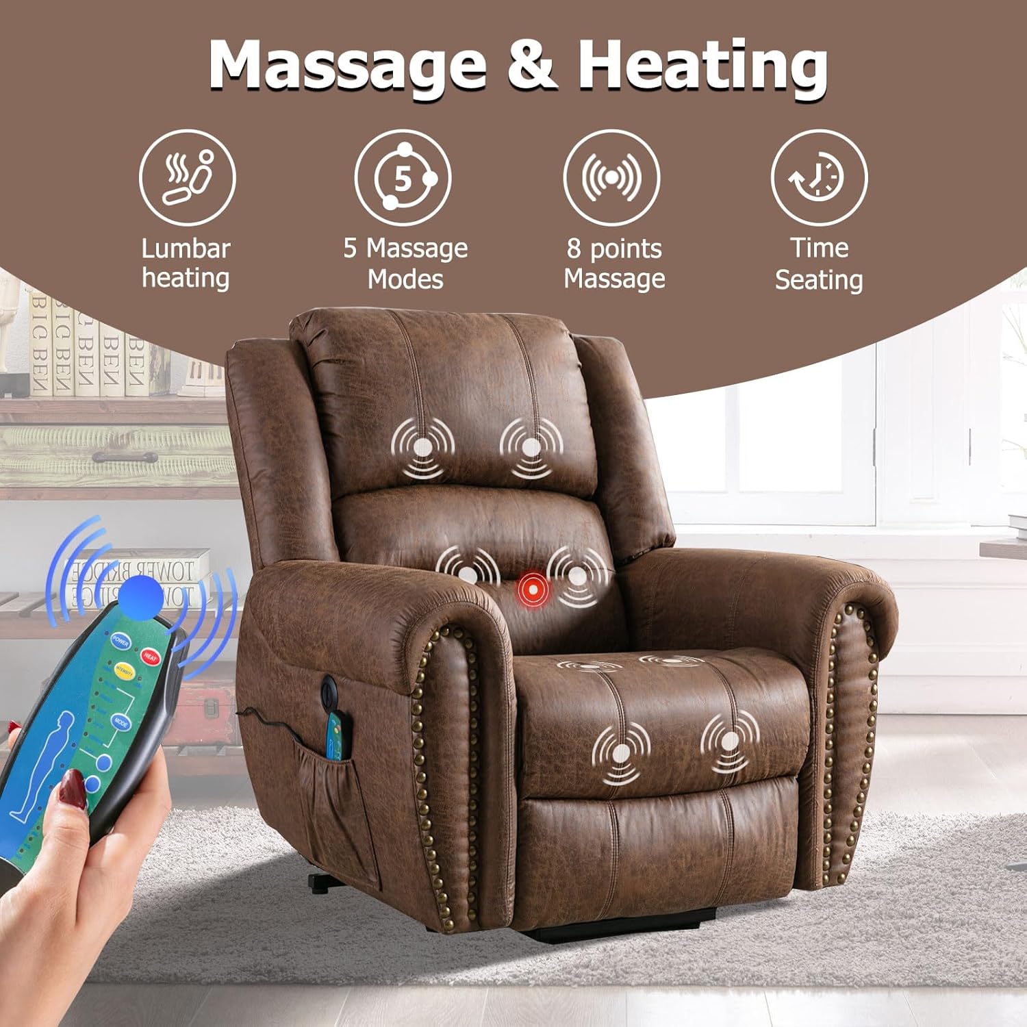Phoenix Home Power Lift Chair for Elderly Leather Electric Reclining Oversized Sofa with Massage & Heating, USB Ports, Side Pocket, Large, Brown