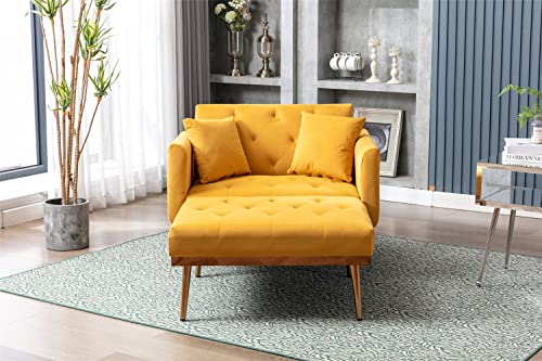 Modern Tufted Velvet Sofa 2 in 1 Chaise Lounge Chair Indoor with Adjustable Backrest and Two Pillows for Living Room Bedroom Office, Single Sofa Bed with Rose Golden Feet and Arms, Beige