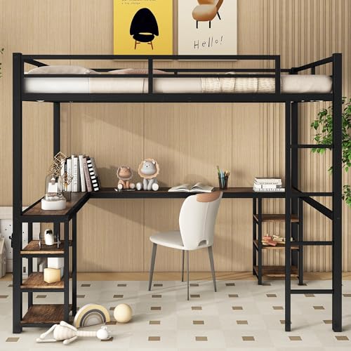 Full Size Loft Bed with Desk and Storage Shelves, Heavy Duty Metal Loft Bed with L-Shaped Desk and Ladder, Full Size Loft Bed for Kids, Teens(Black Desk Full Loft Bed)