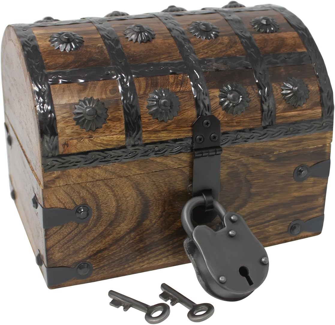Nautical Cove Pirate Treasure Chest with Iron Lock and Skeleton Key - Storage and Decorative Box (X-Large 16 x 11 x 10.5)