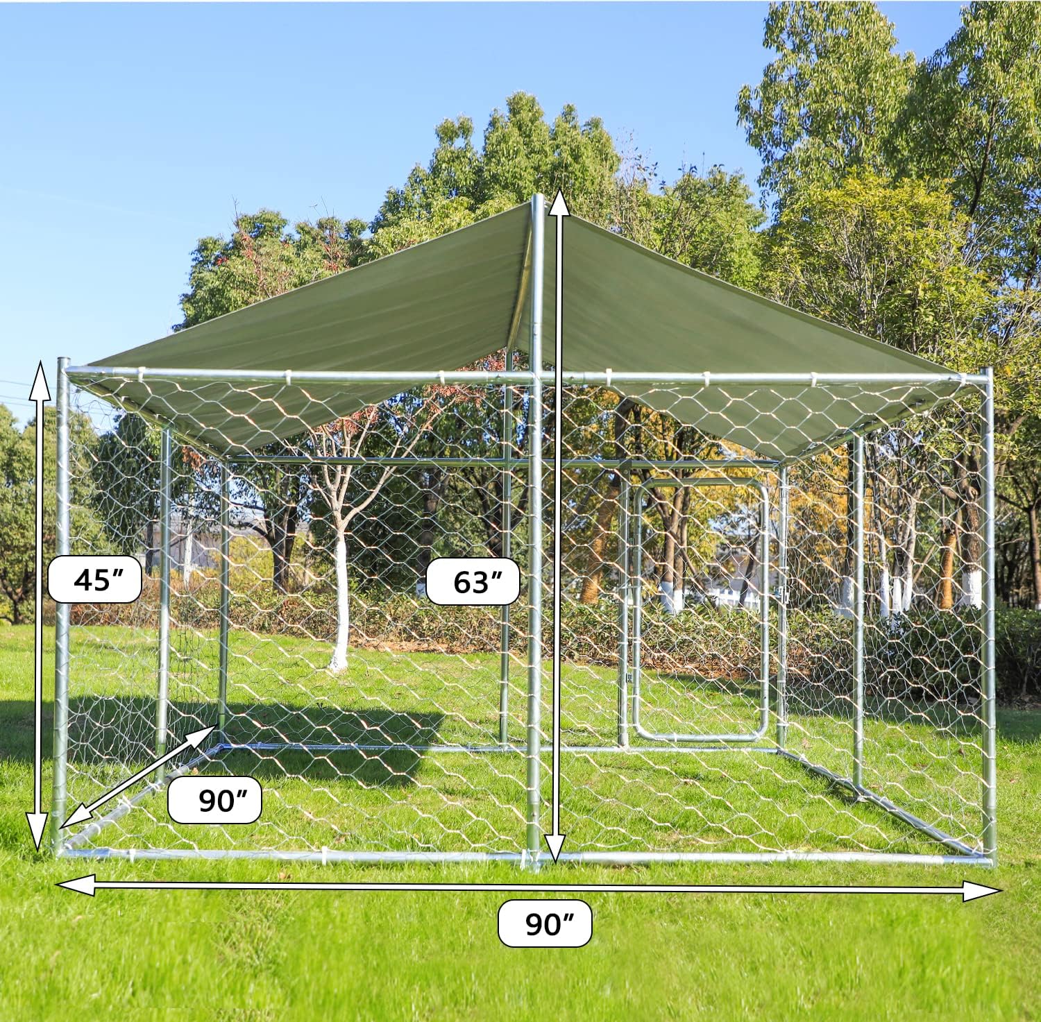 Heavy Duty Dog Cage Outdoor Dog Kennels Outside Pet Playpen for Dogs Outdoor Dog House with Water-Resistant Cover for Back or Front Yard (Silver, 90"x90"x63")