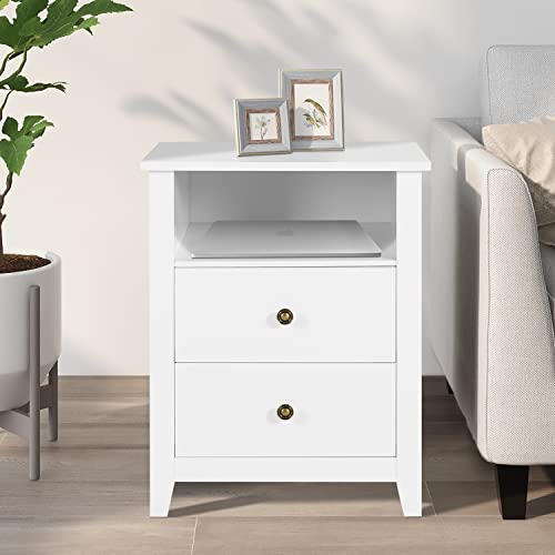 Vikiullf White Nightstands with Drawer - Set of 2 Modern Bedroom Night Stands, Wood Bedside Tables with 1 Storage Drawer and Open Shelf, 23.8”H