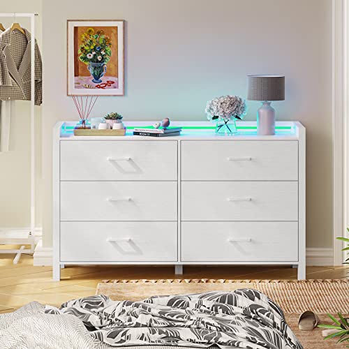 Dresser for Bedroom, 6 Drawer Double Dresser with LED Lights, Wood Chest of Drawers, Modern Storage Dresser for Bedroom, White (NSL02N)