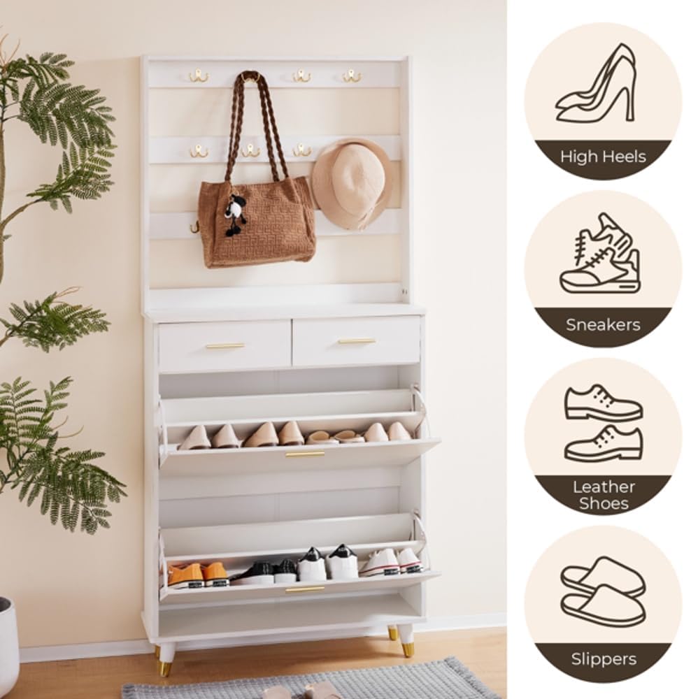 Hommoo Multi-Functional Entryway Armoire - Wardrobe Closet with Drawers, Shelves, and Shoe Storage, Elegant White Design