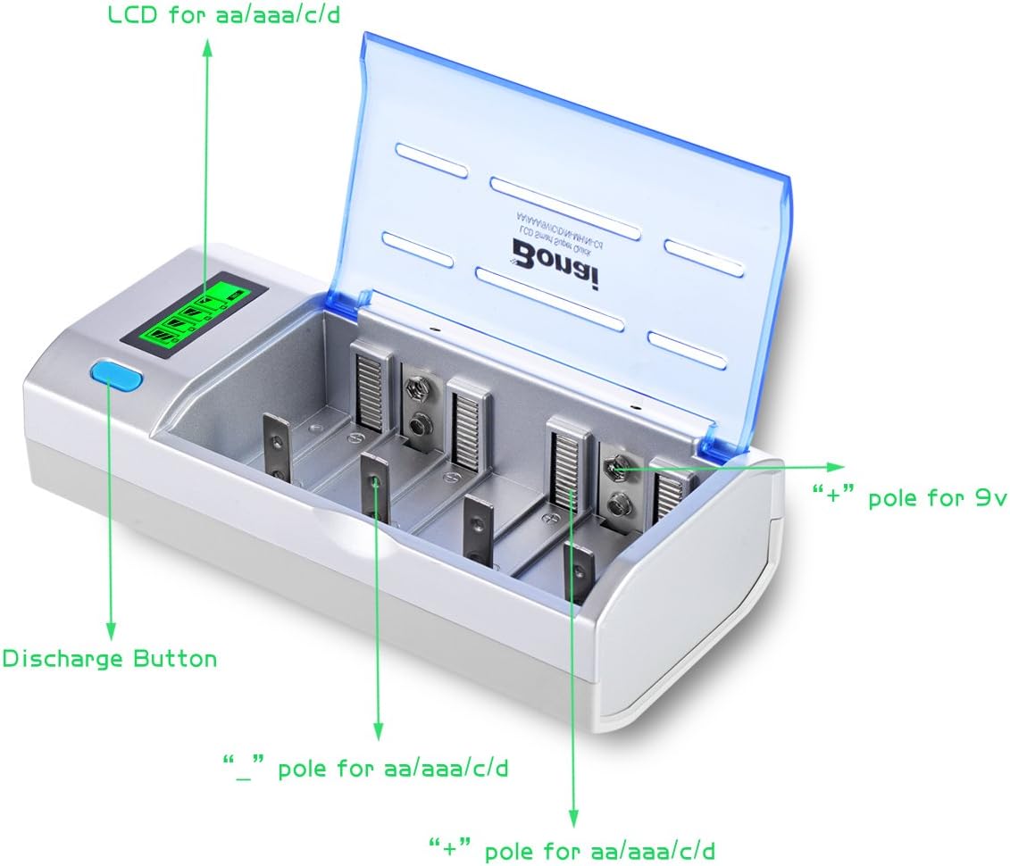 BONAI Rechargeable D Batteries with Charger LCD Smart Battery Charger for C D AA AAA 9V Ni-MH Ni-CD Rechargeable Batteries with 10000mAh Rechargeable D Cells (4 Counts) Pack of 2