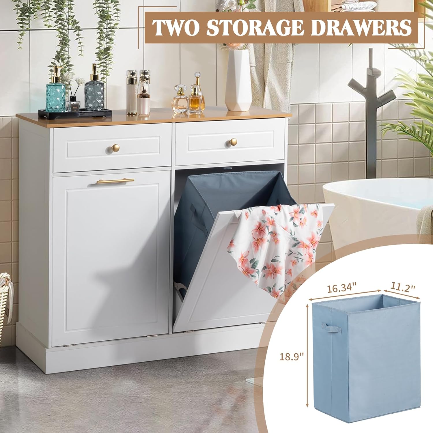 Kitchen Trash Can Cabinet - Freestanding Garbage Storage Cabinet - Tilt Out Trash Cabinet with Drawer and Laundry Hamper - Pet-Proof Recycling Trash Bin Cabinet - 2 Doors 2 Drawers 2 Baskets - White