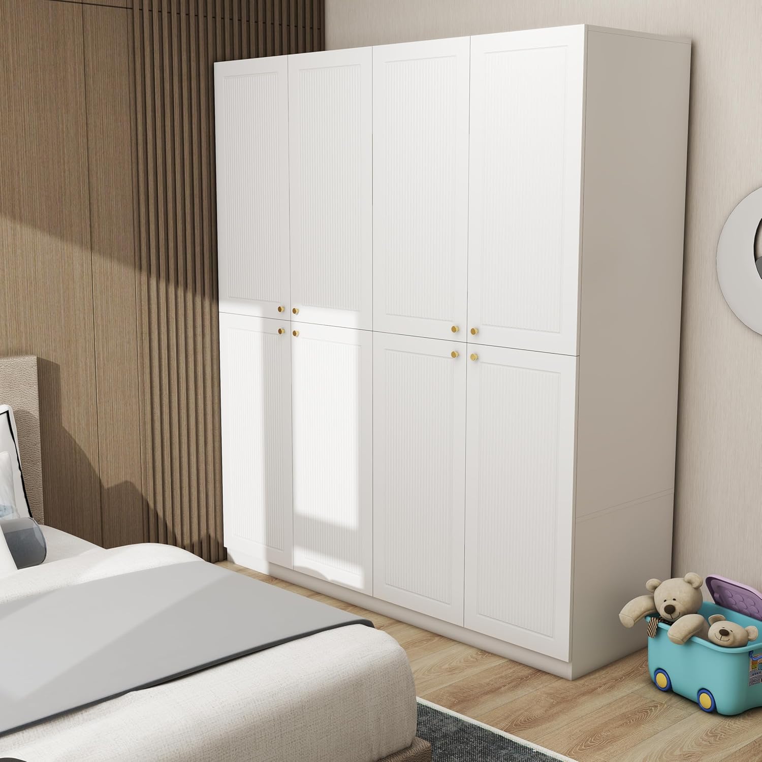 4 Door European Modern Wardrobe, Wood White Armoires with 2 Storage Drawers, Bedroom Armoires Clothes Storage Cabinet with Clothing Rods and Shelves, Bedroom Furniture Wardrobe Armoires