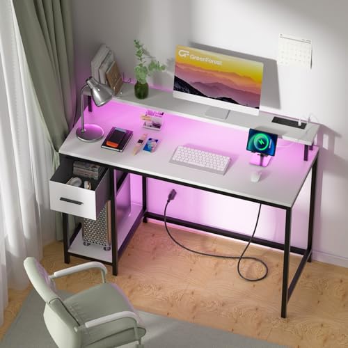 GreenForest Computer Desk with Drawers 47 inch,Gaming Desk with LED Lights & Power Outlets Small Desk with Monitor Stand and Reversible Shelf,Walnut