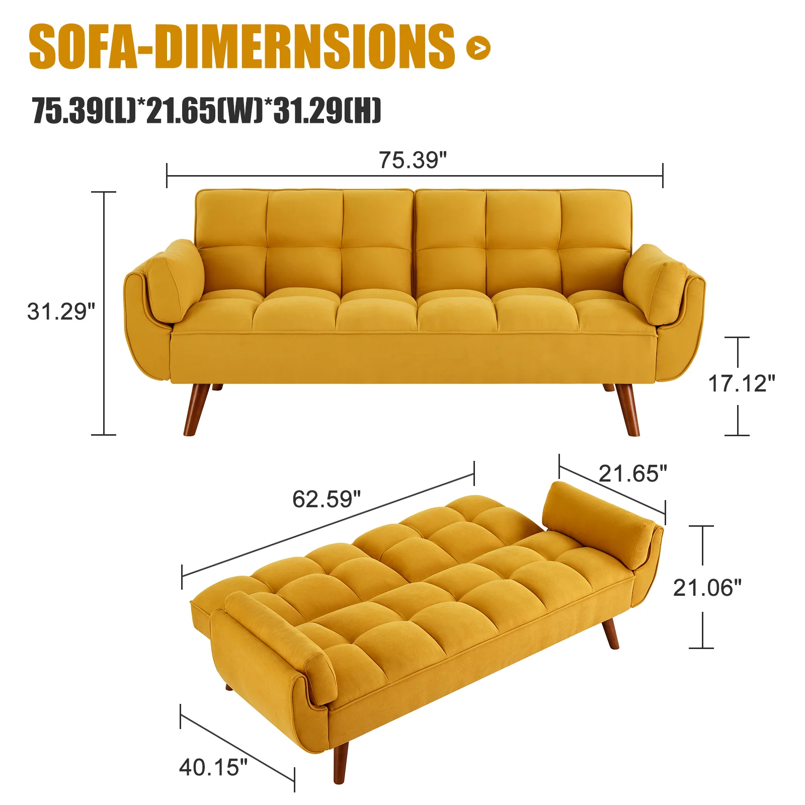 Convertible Futon Couch Bed, Sleeper Sofa Bed with Adjustable Backrests, Linen Loveseat Sofa with Wood Legs, 3 Seater Comfy Couch for Small Spaces, Living Room, Bedroom(Yellow, 75")