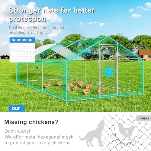 Large Metal Chicken Coop, Chicken Run Poultry Cage Hen with Water-Resident and Anti-UV Cover for Duck Rabbit House Outdoor Walk-in Chicken Pen for Yard, Dome Roof(10’ W x 19.7’ L x 6.4’ H)