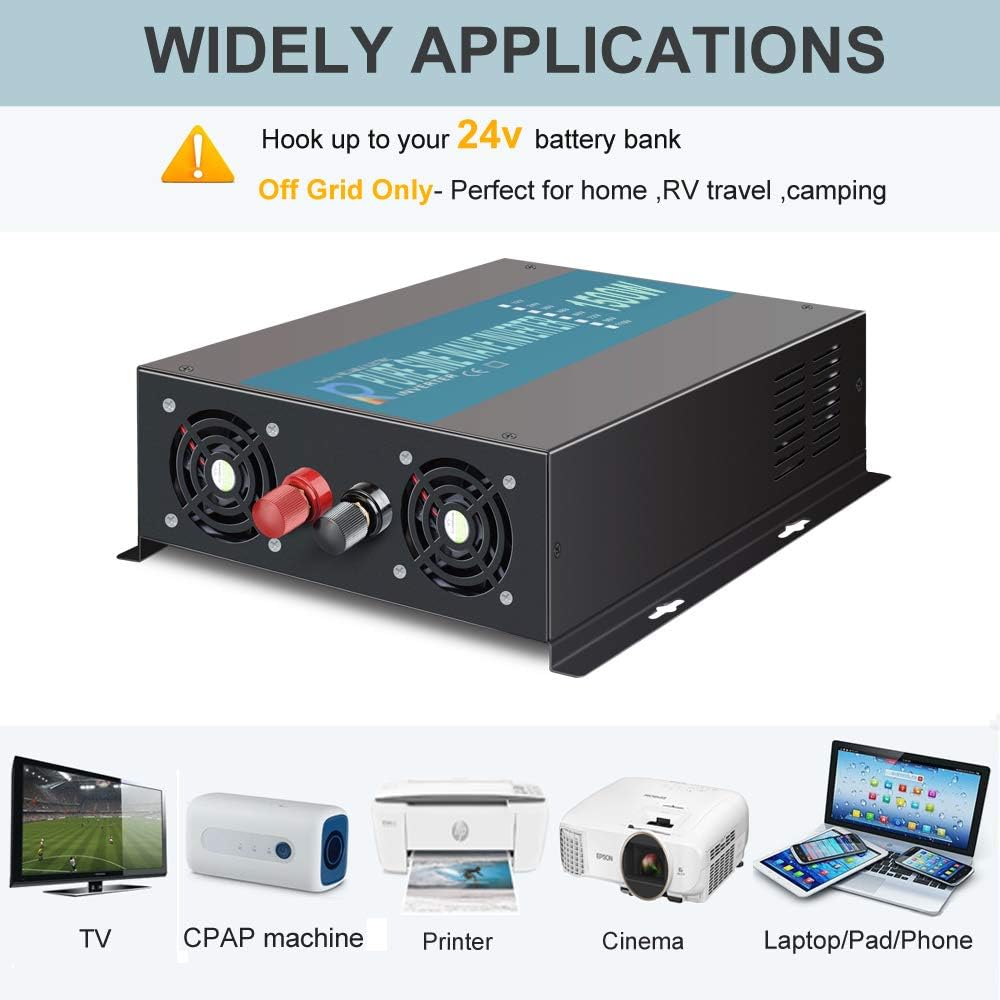 Reliable Pure Sine Wave Power Inverter 1500Watt 24V DC to 110V 120V with Remote Control Dual AC Outlets for CPAP RV Car Off Grid System