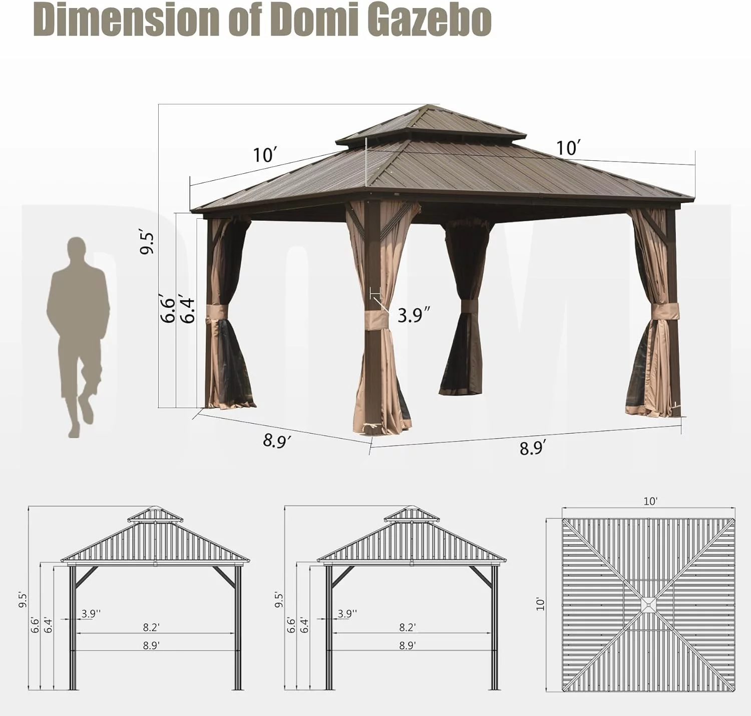 Domi Outdoor living10x10x9.5ft Hardtop Gazebo Double Roof Canopy Metal,w/Galvanized Steel,Curtain&Netting,Permanent Gazebo Pavilion
