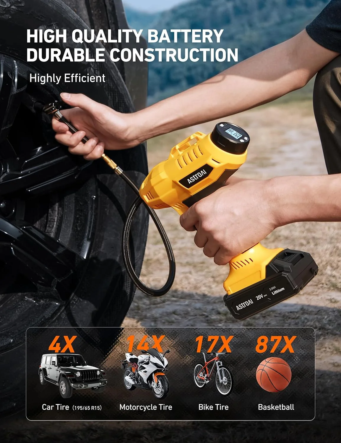 Car Auto Tire Inflator, 160 PSI Cordless Car Air Pump, with 20V Rechargeable Battery, Yellow, for Gift