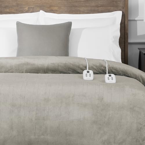 Brookstone Electric Heated Plush Blanket w/ 10 Heat Settings - Adjustable Timer, 12-Hour Auto Shut Off - Machine Washable & Dryer Safe - Polyester Velvet Blanket, King Size 100in x 90in - Taupe