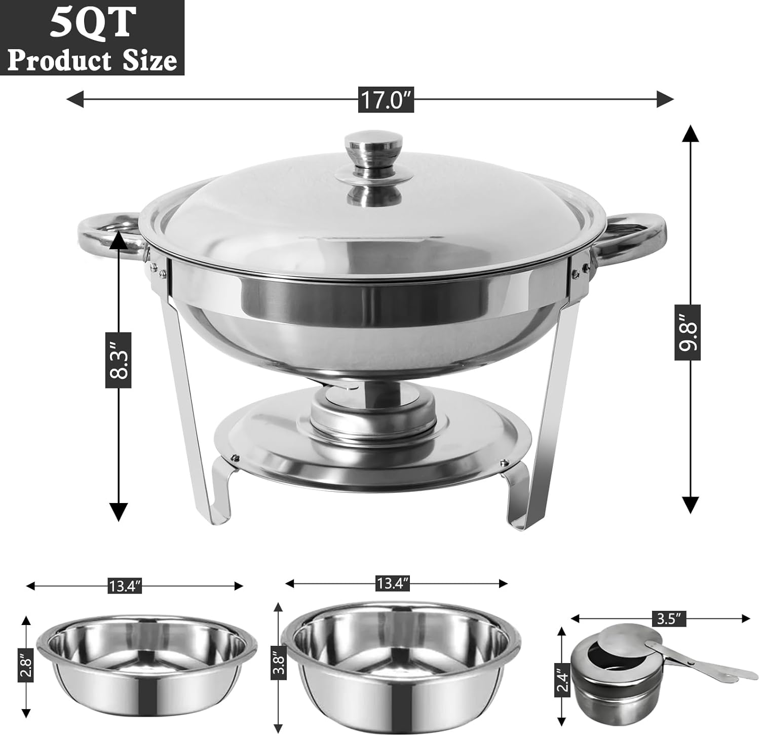 5 Qt Chafing Dish Buffet Set 6 Pack, Stainless Steel Round Chafers and Buffet Warmers Sets with Food and Water Trays for Catering