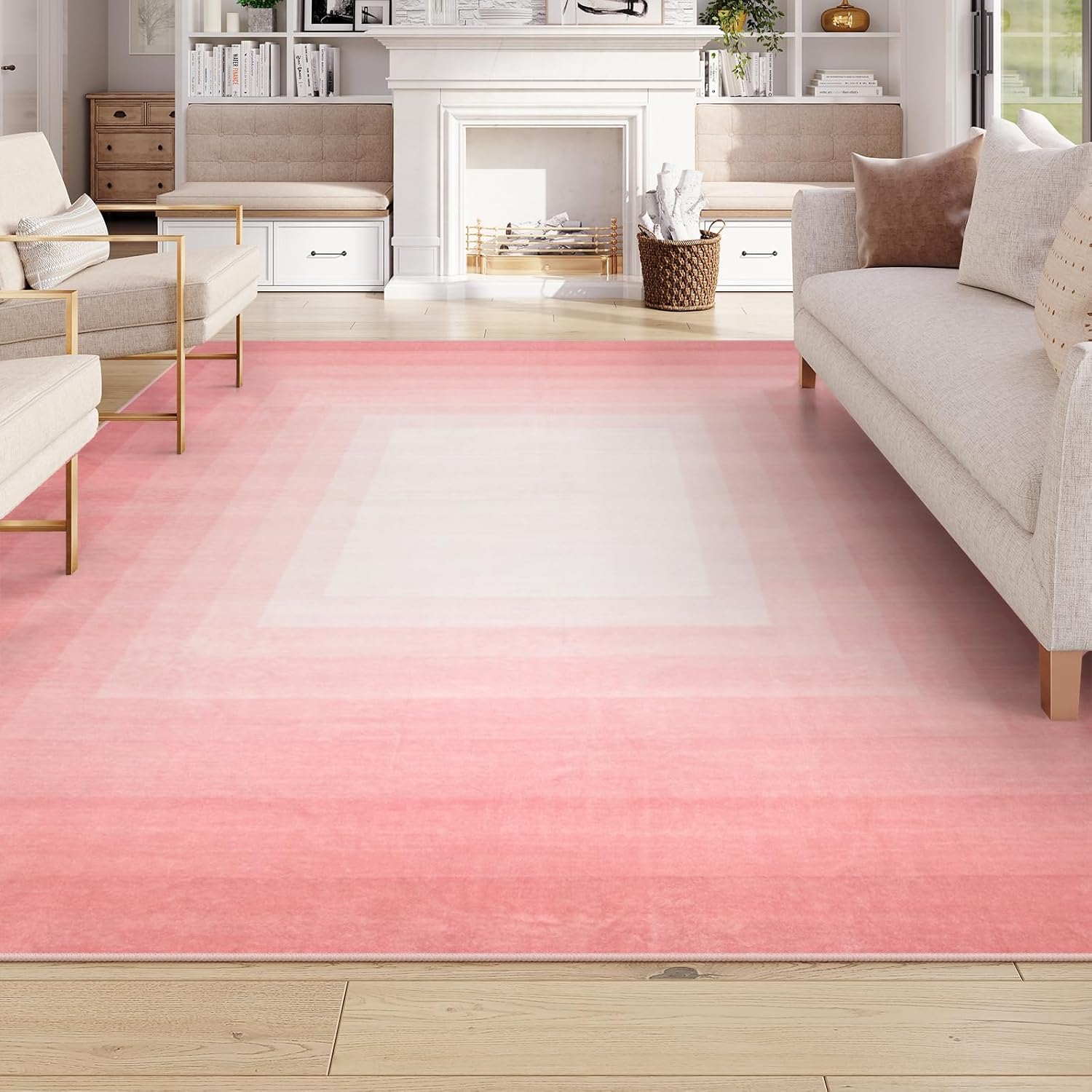 OJIA Pink Washable Rugs 8x10 Large Area Rugs for Living Room, Soft Non Slip Contemporary Neutral Rugs for Bedroom Girls, Modern Non-Shedding Thin Carpet for Under Dining Table Nursery Home Office
