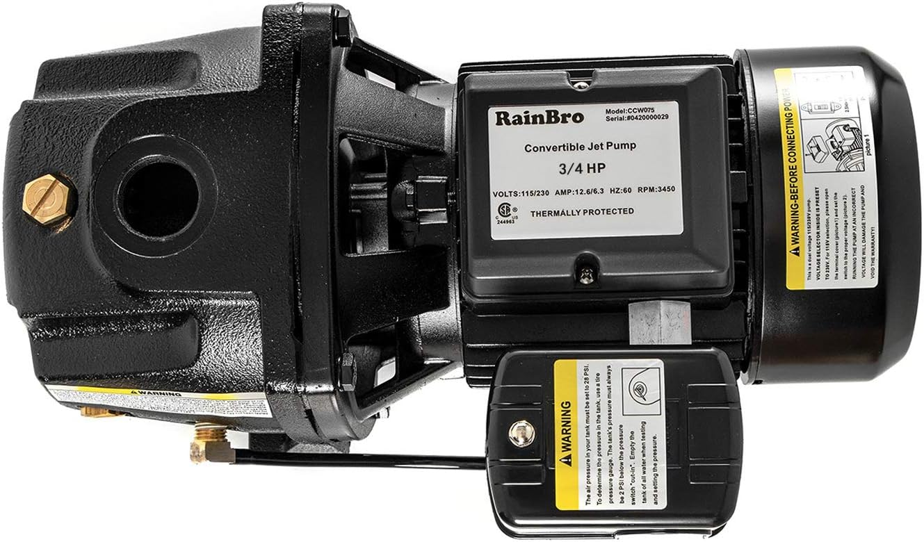 RainBro 3/4 HP Cast Iron Convertible jet well pump, Deep Well Pump with Ejector Kit, Model# CCW075