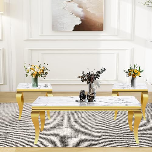3 Piece Living Room Table Set, White Coffee Table & End Side Table & Console Table, Faux Marble Top Coffee Table Set with Silver S Steel Legs for Home Office, Luxury Home Coffee Table Set of 3