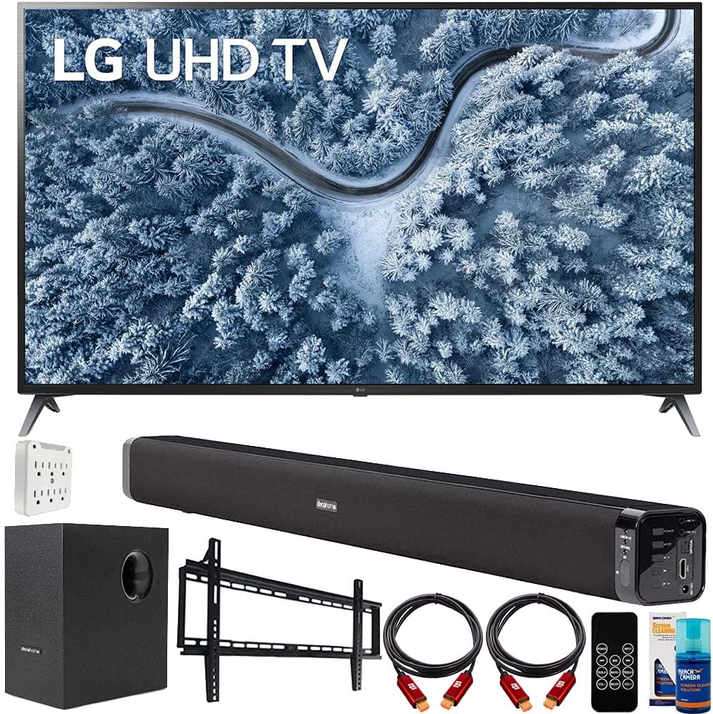 LG 75UP7070PUD 75 Inch LED 4K UHD Smart webOS TV (2021 Model) Bundle with Deco Gear Home Theatre Soundbar with Subwoofer, Wall Mount Accessory Kit, 6FT 4K HDMI 2.0 Cables and More