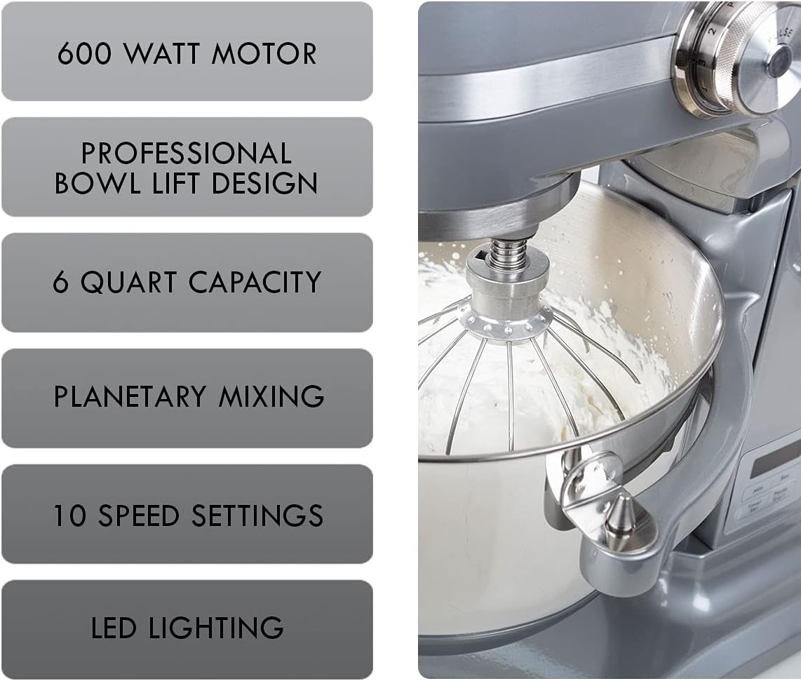 Kenmore Elite Heavy-Duty 6 Qt Bowl-Lift Stand Mixer, 600 Watts, with Flat Beater, Wire Whisk, Dough Hook, Stainless Steel Bowls, LED Light, Digital Countdown Timer, Metallic Grey
