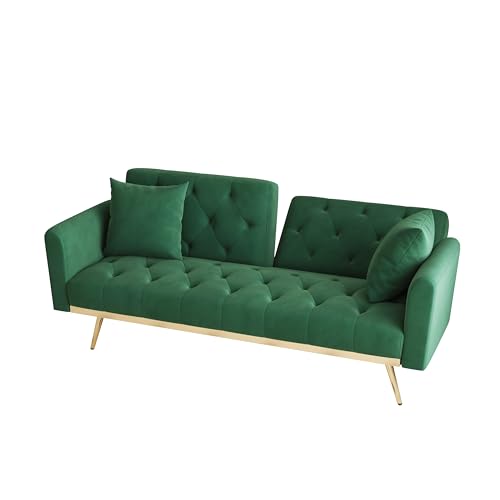 Velvet Convertible Sofabed, Futon Sofa Bed,68.3" Small Sofa Bed Couch with Adjustable Backrest,Modern Loveseat for Living Room, Bedroom, Office, Green