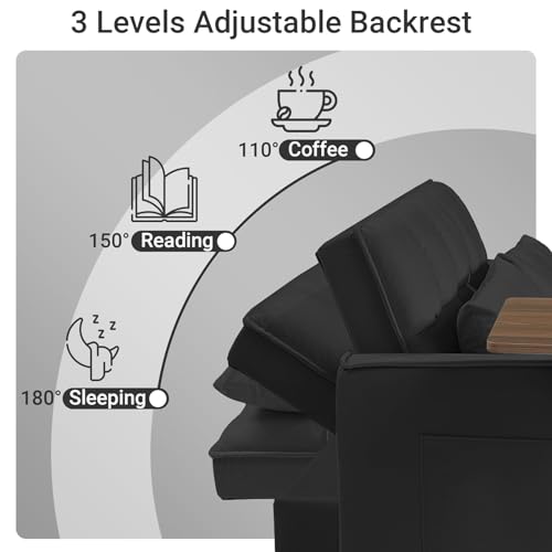 3 in 1 Convertible Sleeper Sofa Bed Pull Out Couch Futon Loveseat Velvet Chaise Lounge with 2 Pockets and 2 Pillows for Living Room, Black